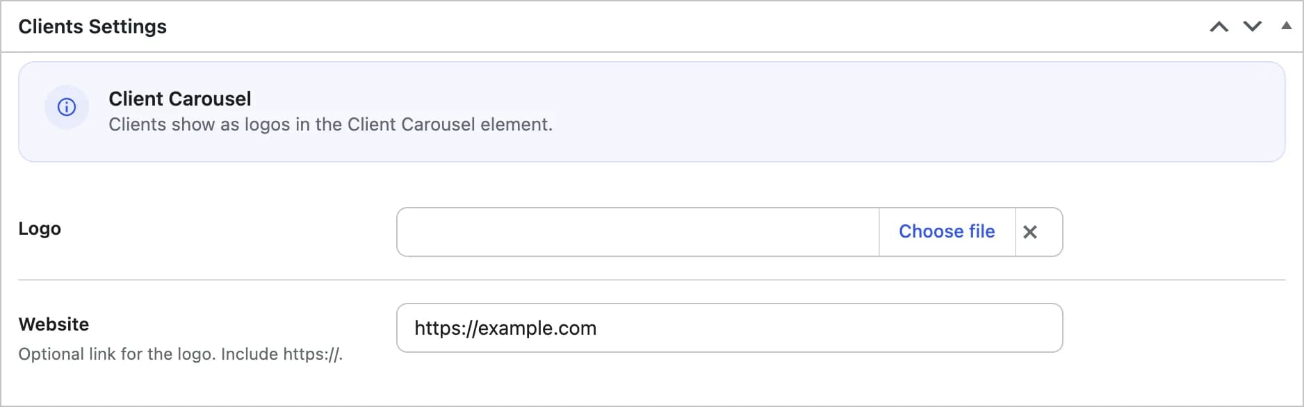 Clients Settings box with the Logo upload and Website fields