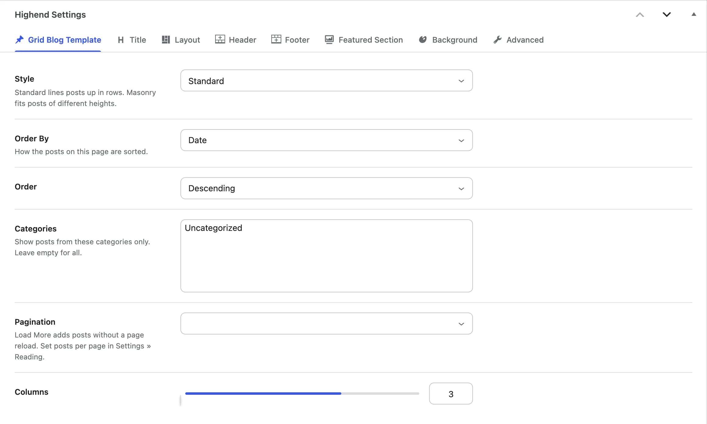 The Grid Blog Template tab