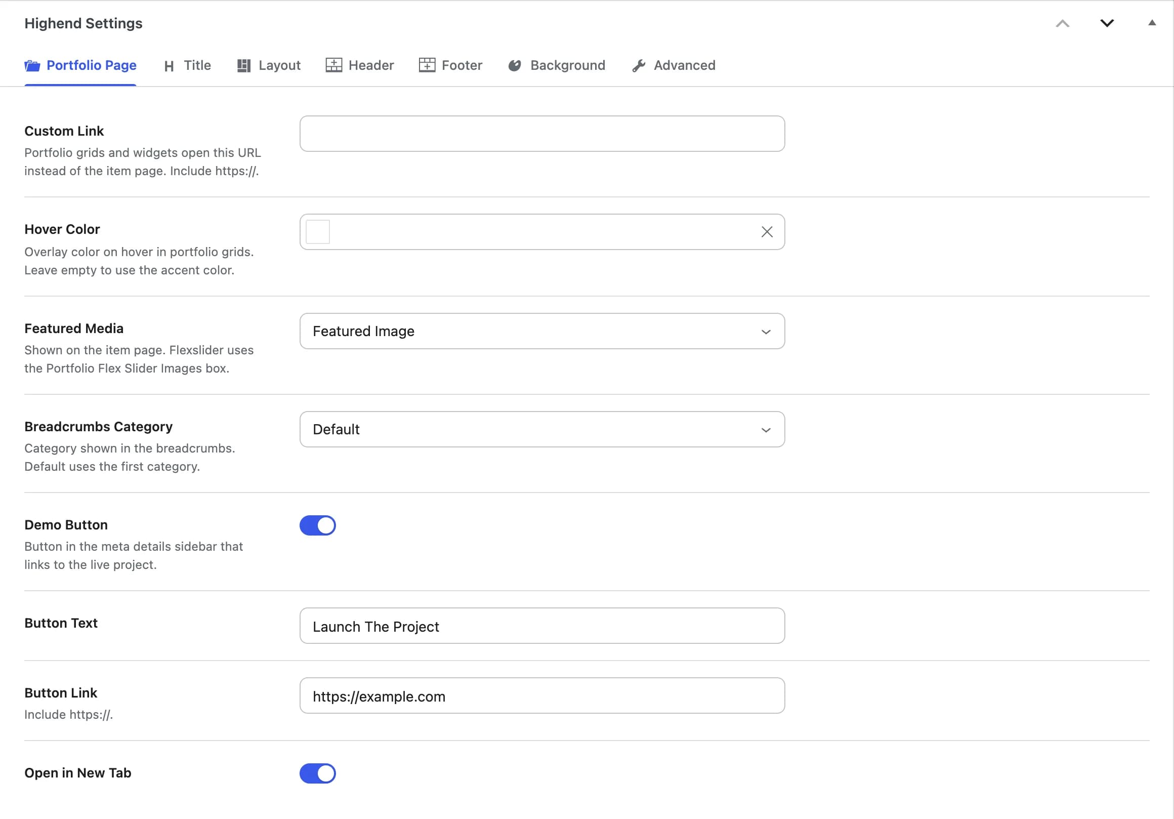 The Portfolio Page tab of the Highend Settings box