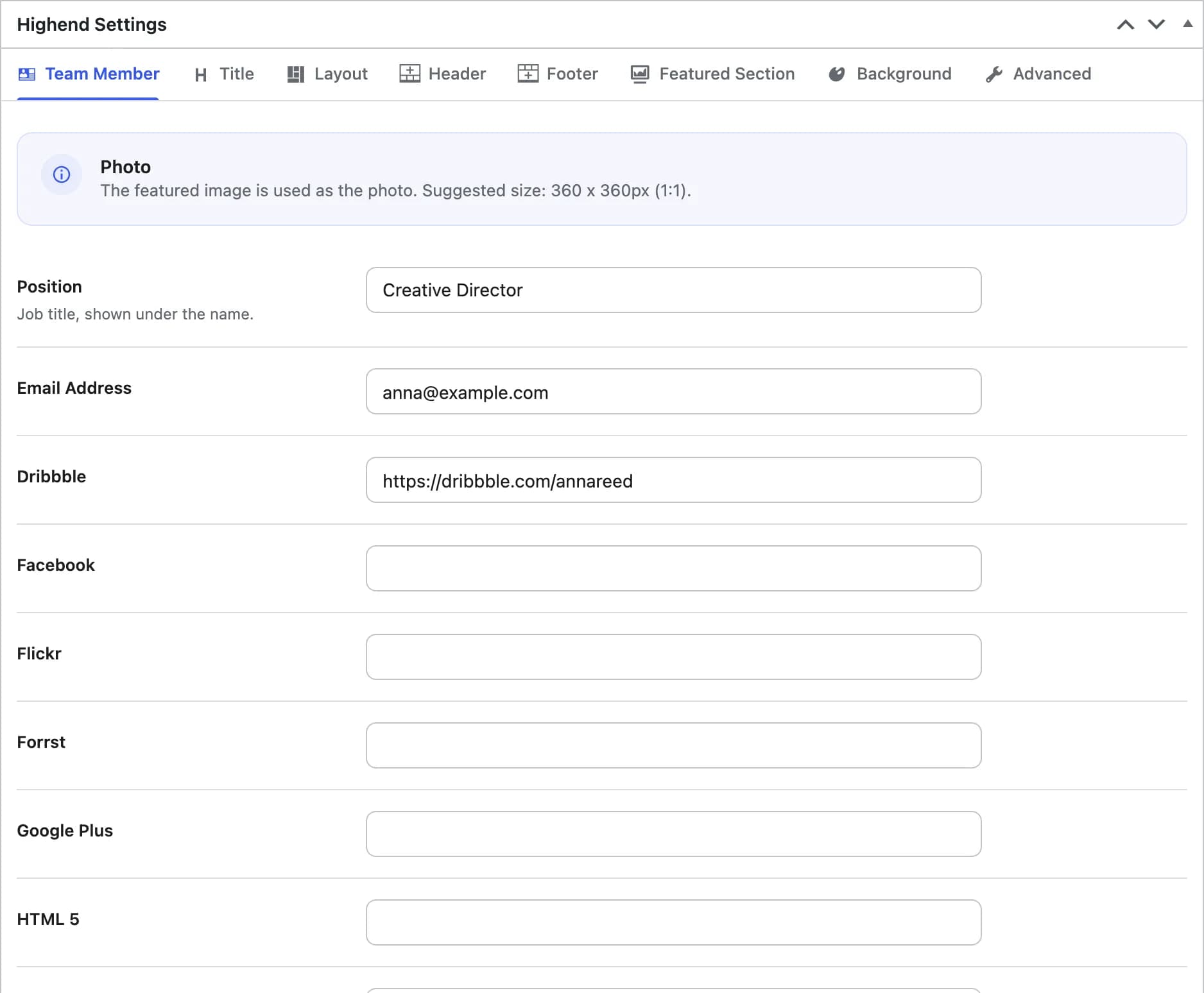 The Team Member tab of the Highend Settings box, showing the Position field and the start of the social link fields