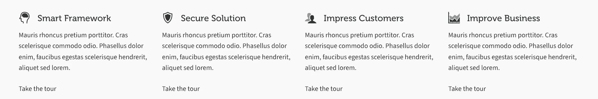 Four icon columns in a row, each with an inline icon, bold title, and paragraph