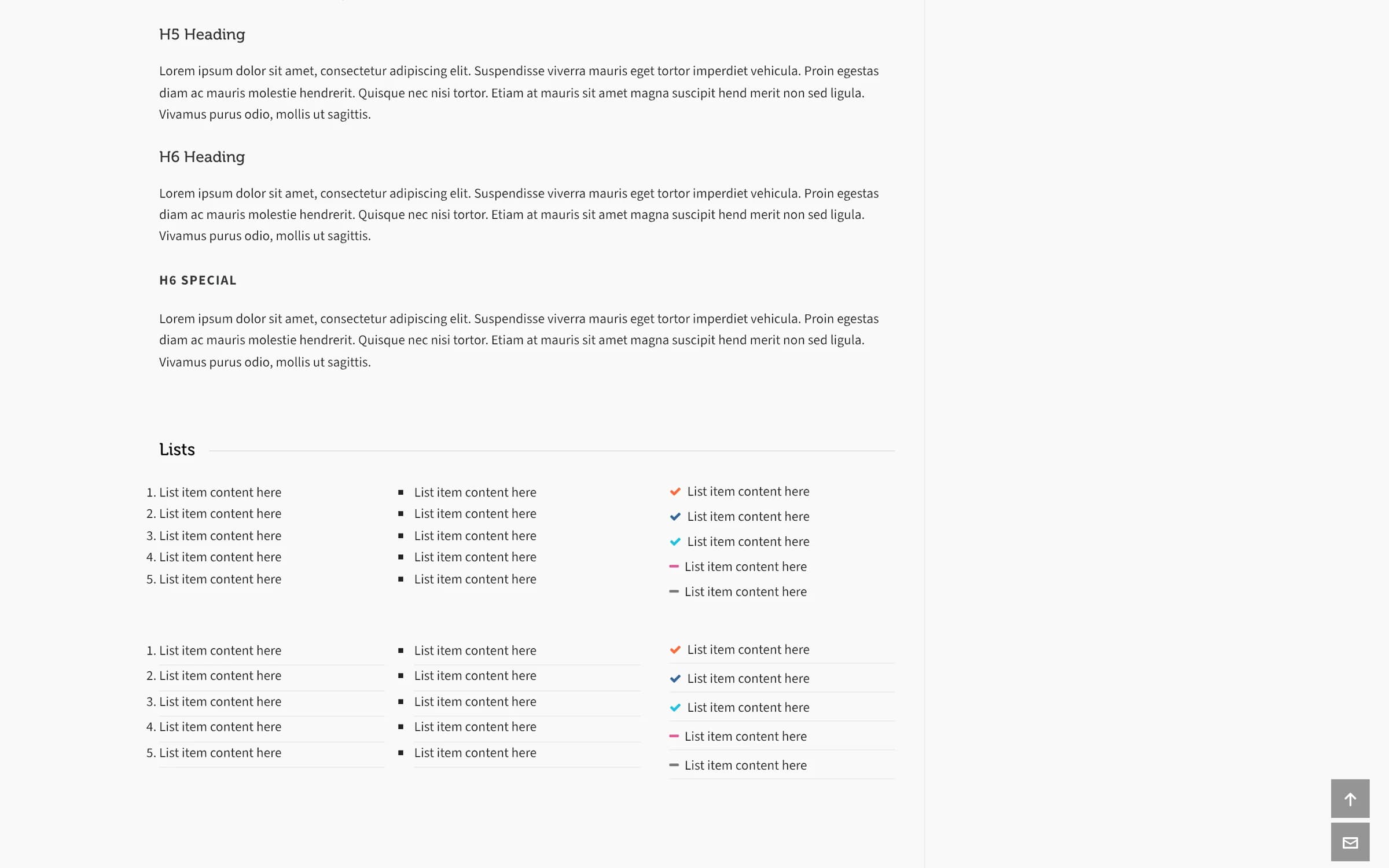 Three list styles side by side: numbered, bulleted, and custom checkmark icons, each shown with and without divider lines