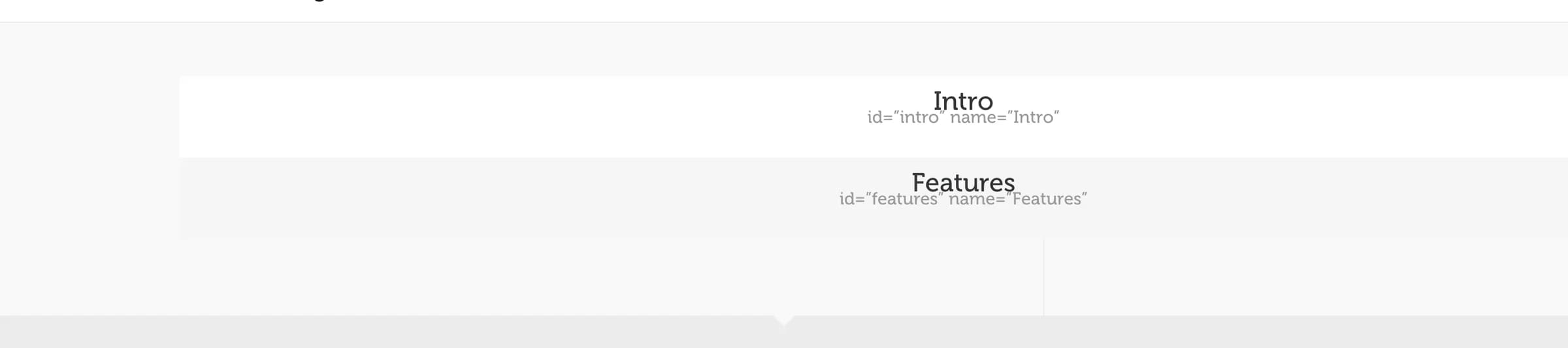 Two stacked one-page sections, "Intro" and "Features", each showing its section id and name