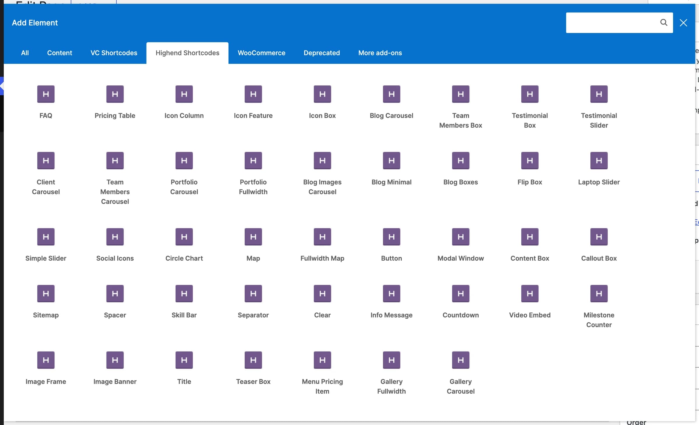 The WPBakery Add Element dialog with the Highend Shortcodes tab open, listing over 40 elements