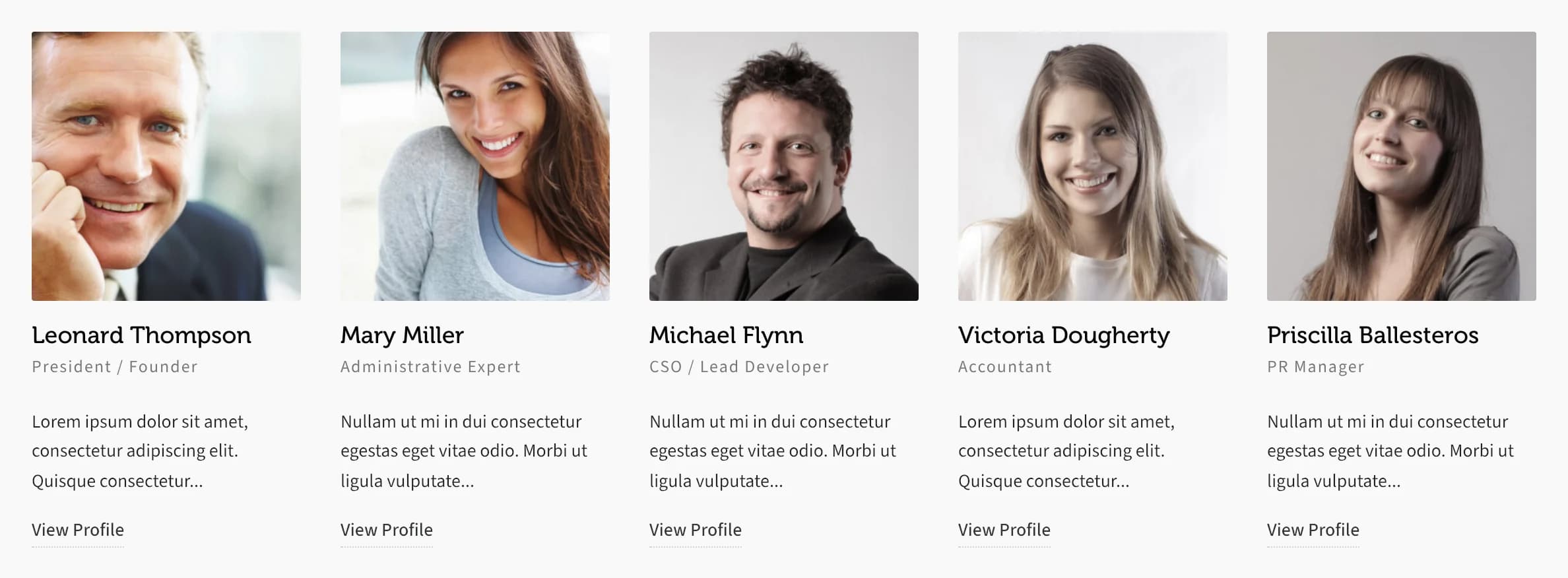 Team Members Carousel showing five team members