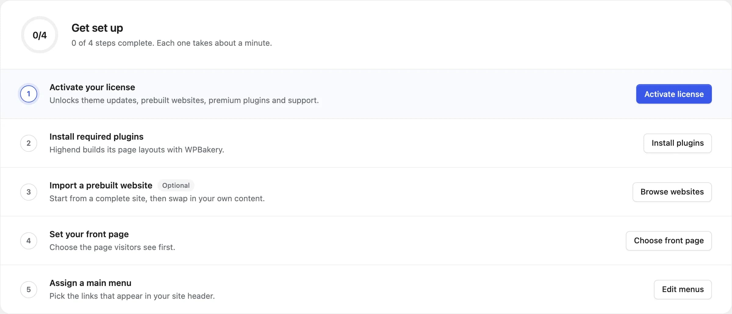 The Get set up checklist on the About page, with steps for license, plugins, demo import, front page, and menu