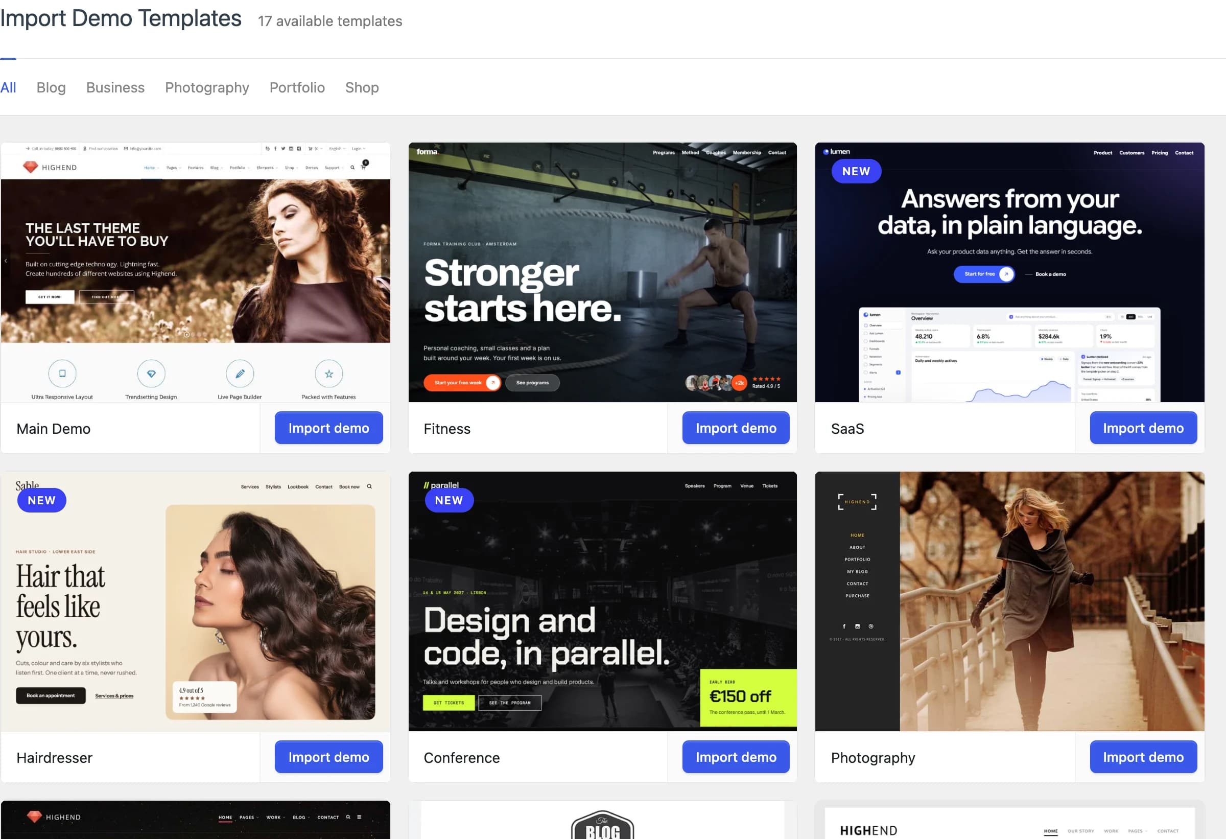 The Import Demos screen showing the prebuilt websites, filterable by category