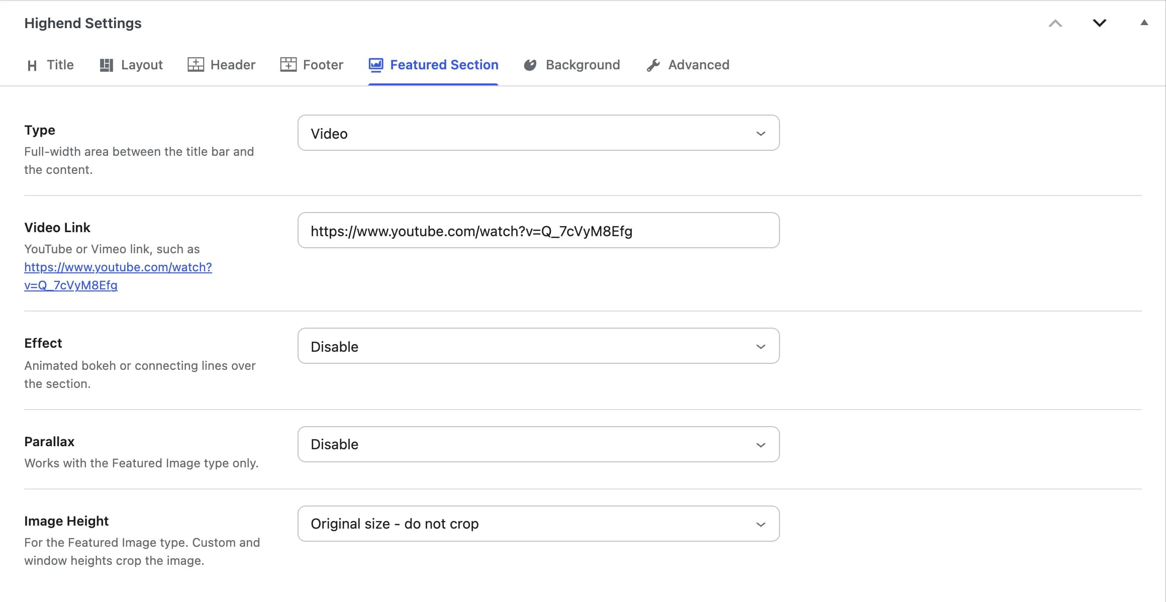 The Featured Section tab with a video chosen