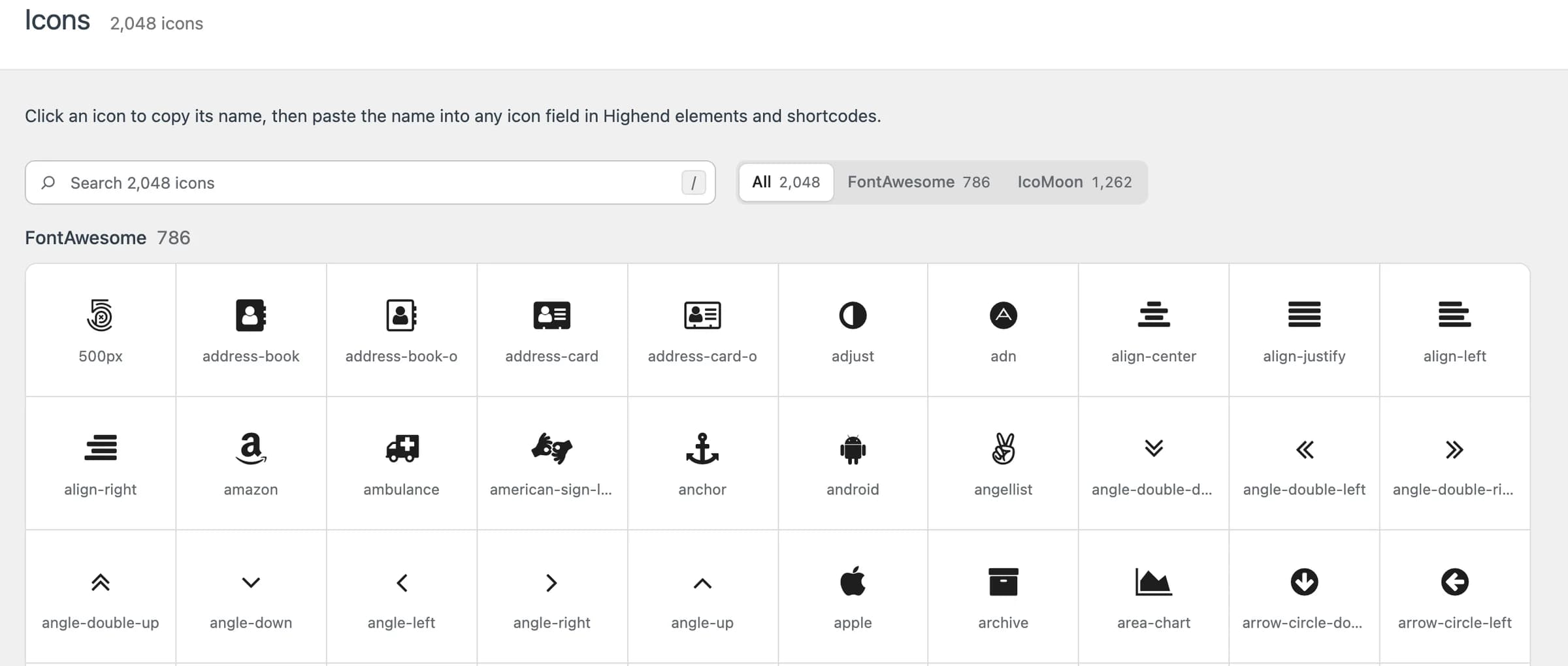 The Icons page with the FontAwesome set