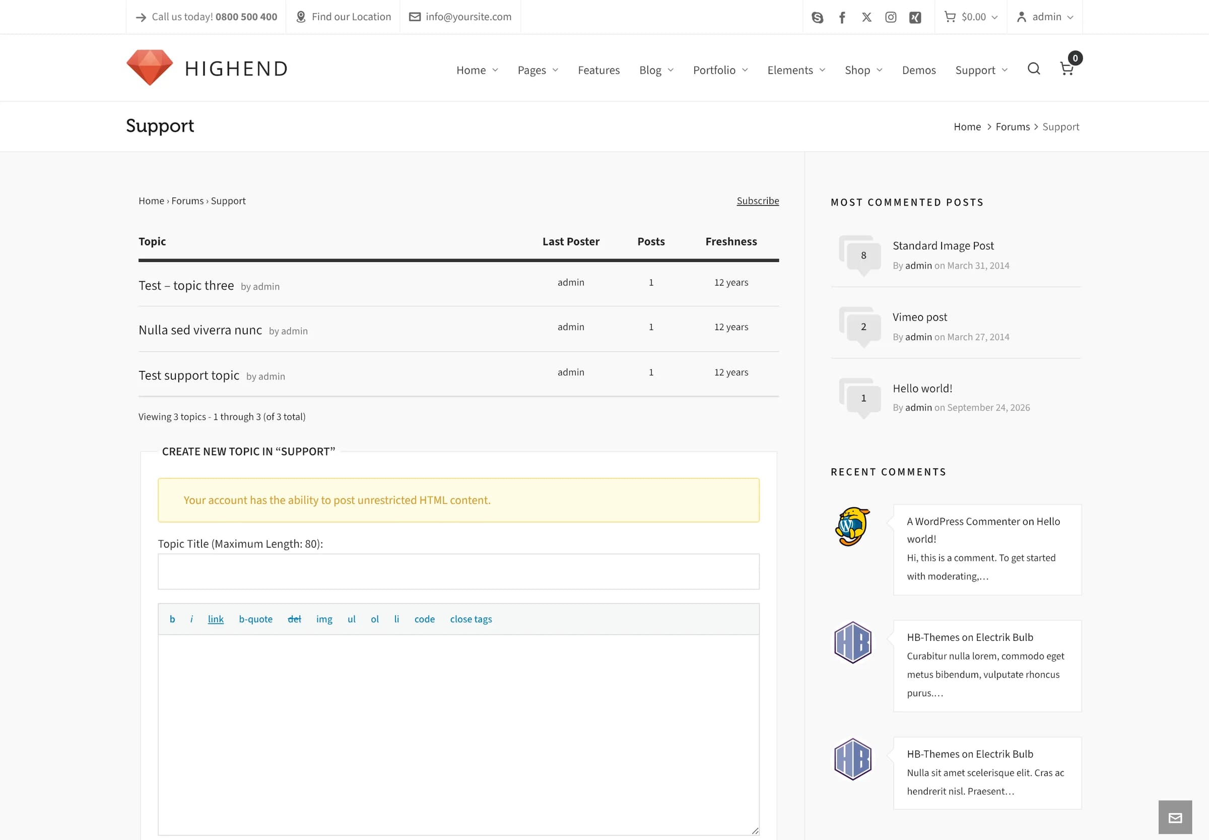 A bbPress forum styled by Highend, showing the topic list and new-topic form