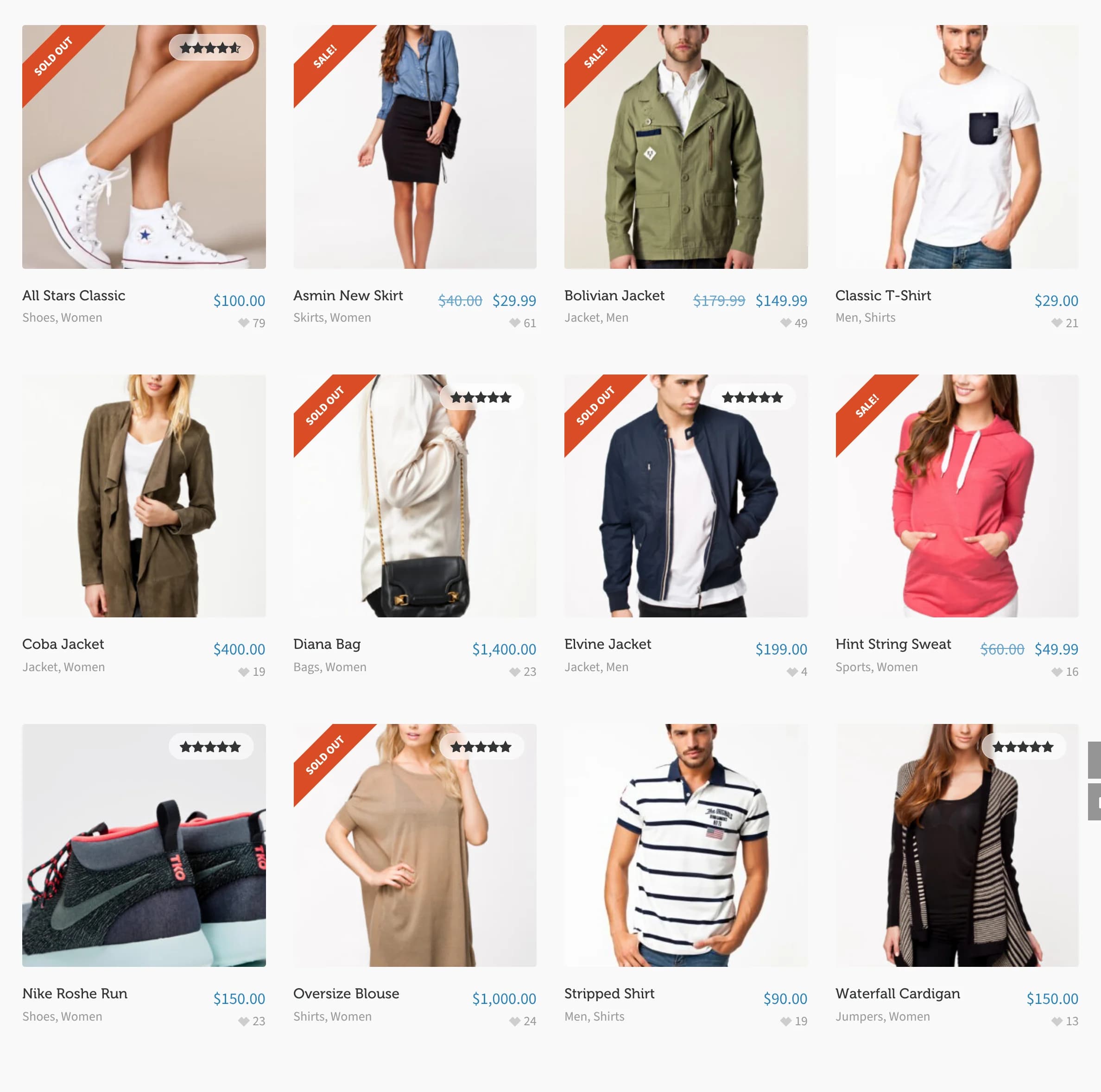 A Highend-styled WooCommerce shop grid with 12 products in 4 columns, sale and sold-out ribbons, star ratings, category text, and a like count under each product