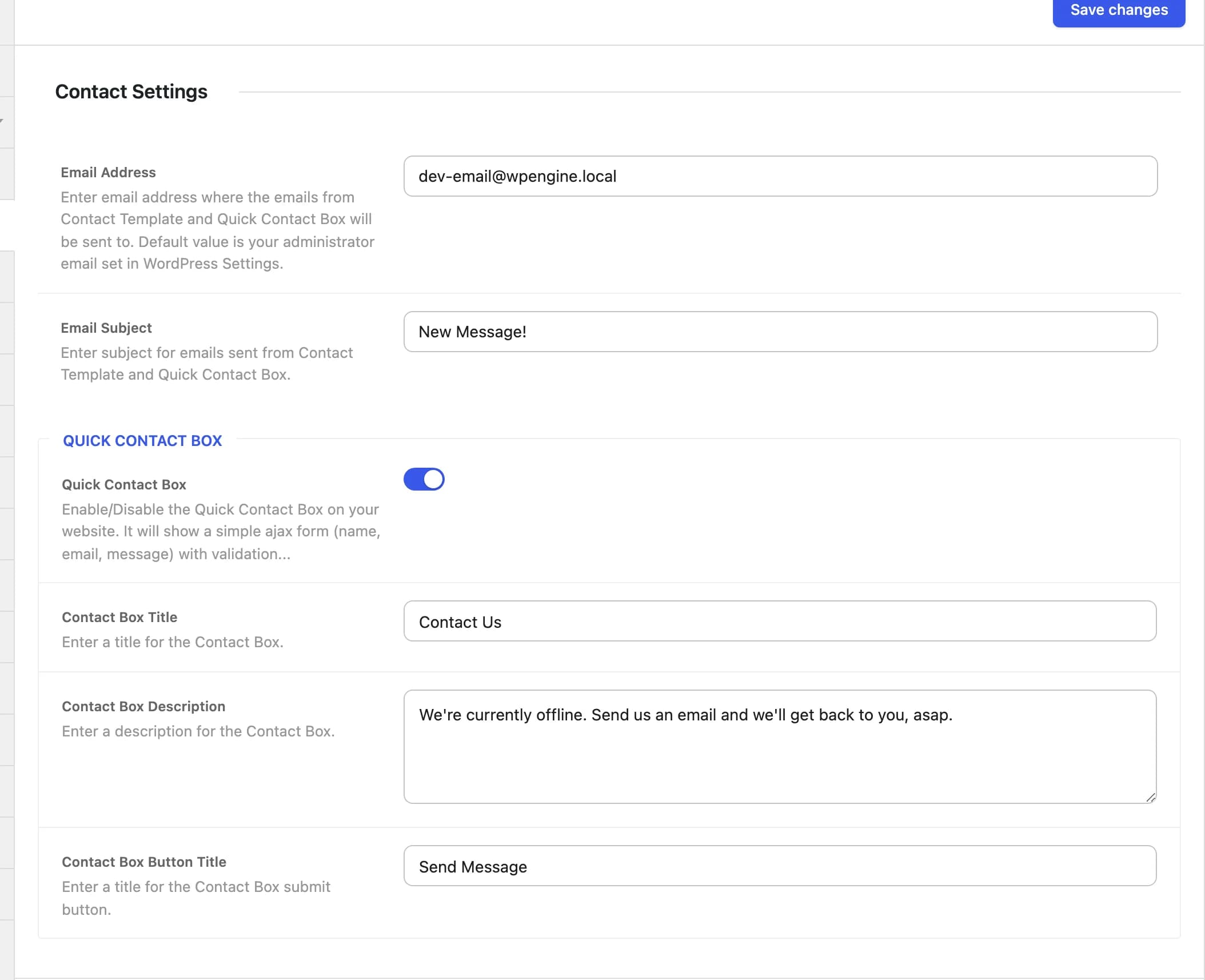 The Contact Settings tab in Highend Options