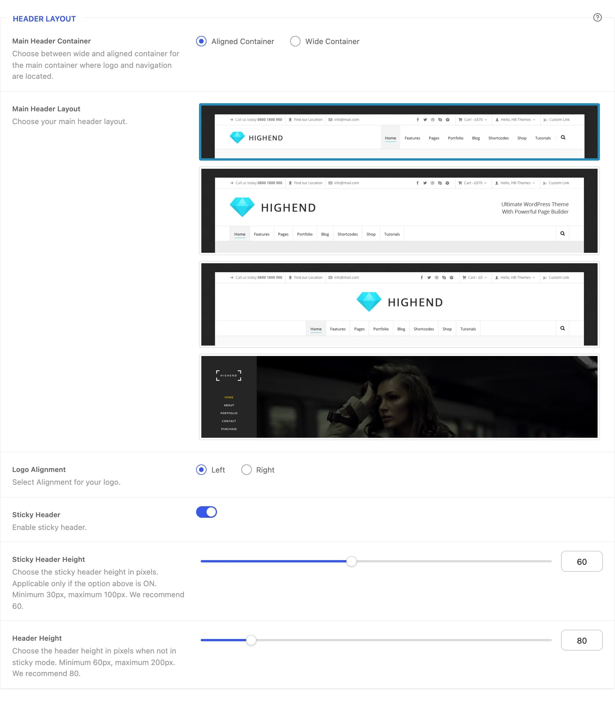 The Header Layout section, showing the four main header layout thumbnails