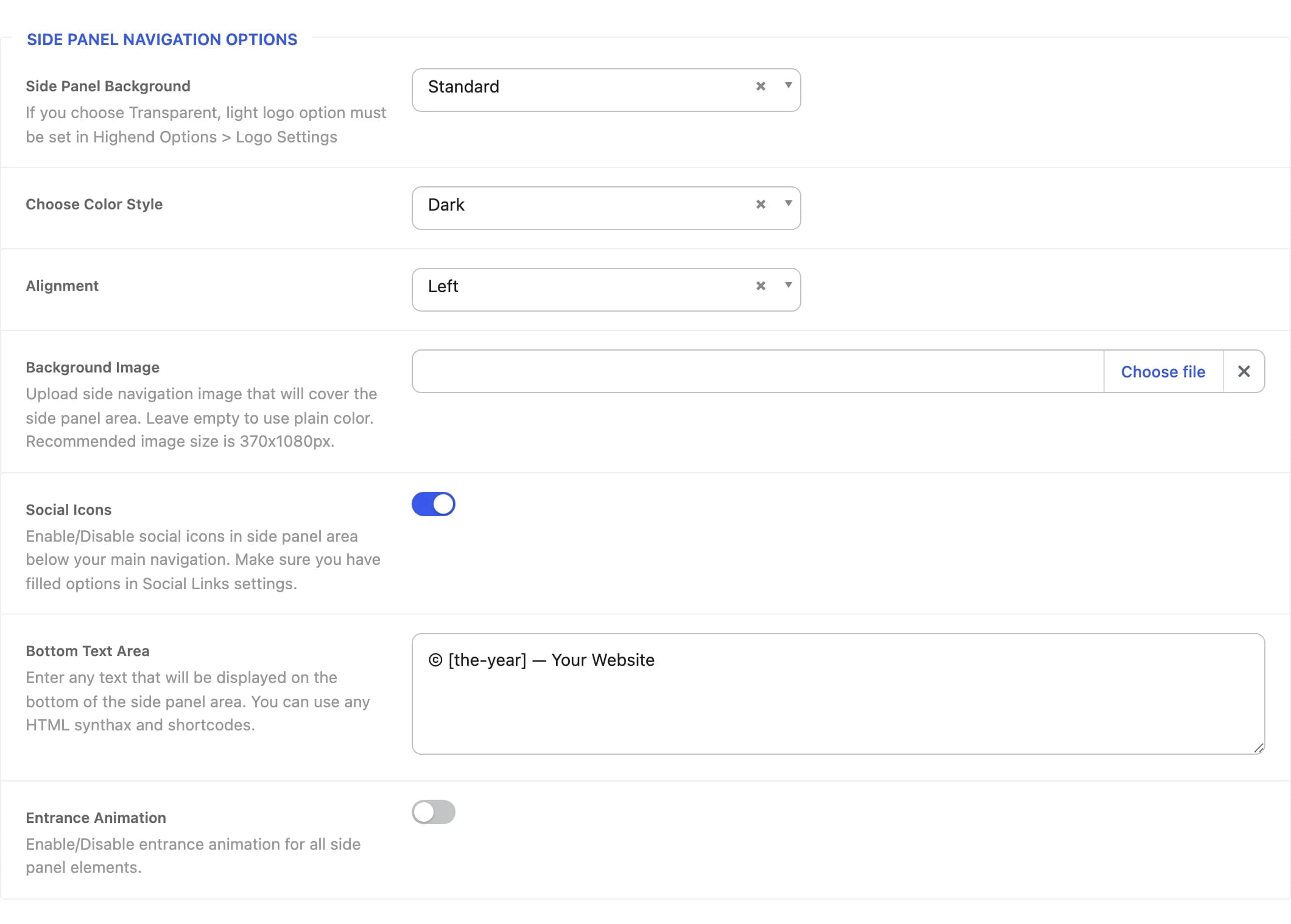 The Side Panel Navigation Options section