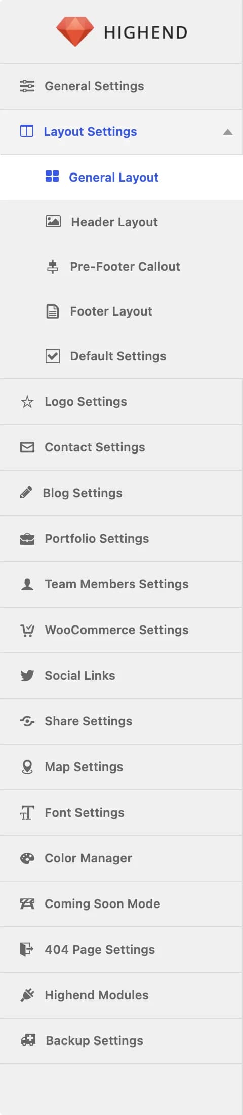 The Highend Options panel, with the Layout Settings tab expanded to show its five sub-tabs