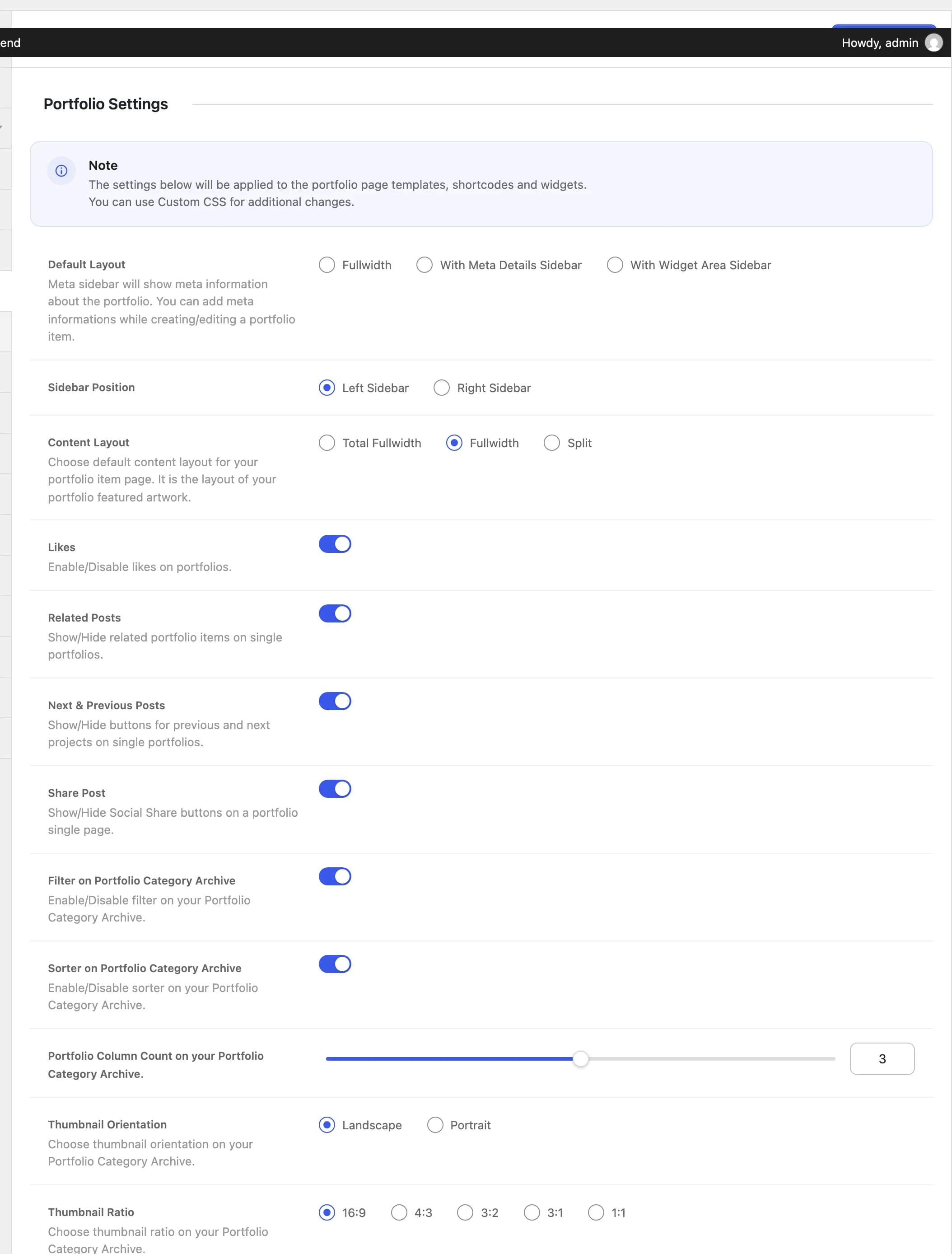 The Portfolio Settings tab in Highend Options