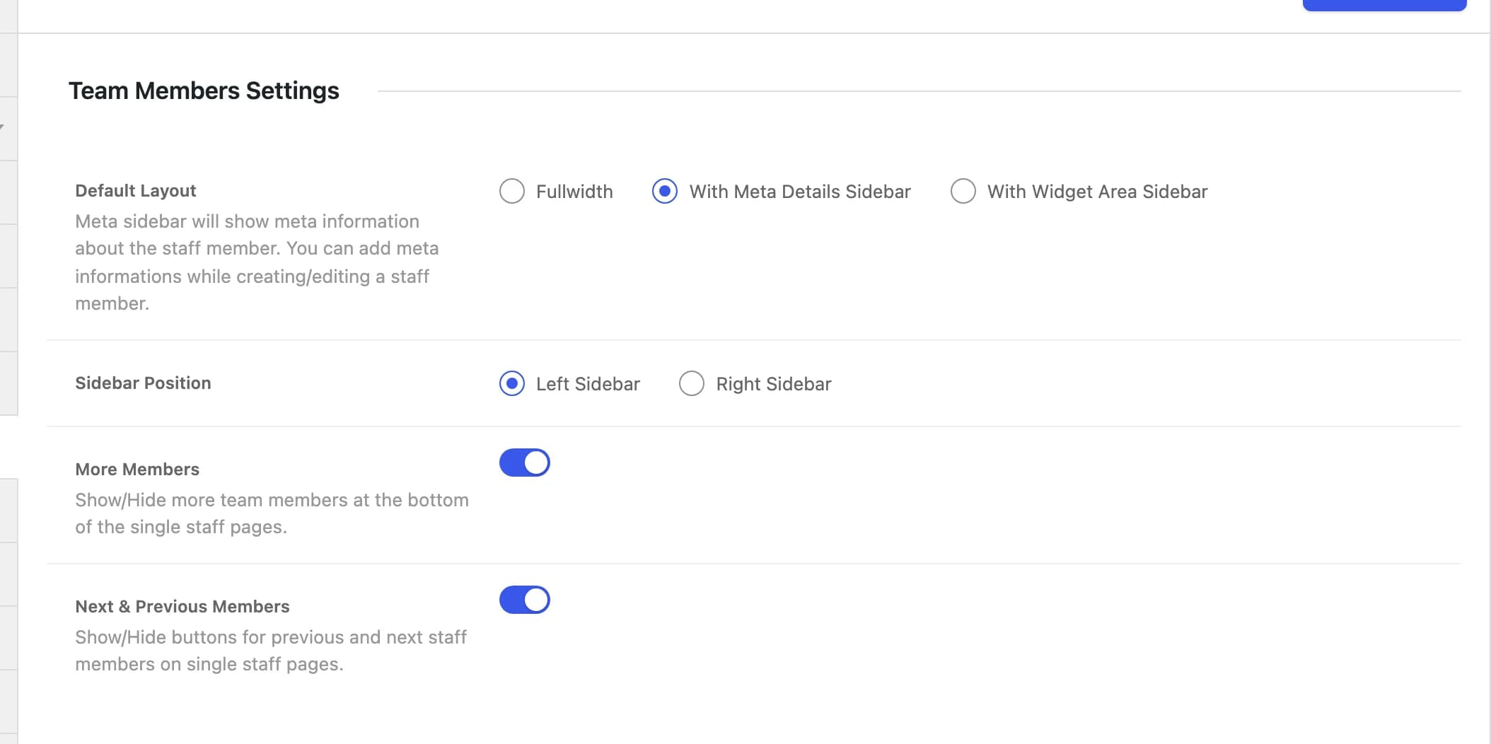 The Team Members Settings tab in Highend Options