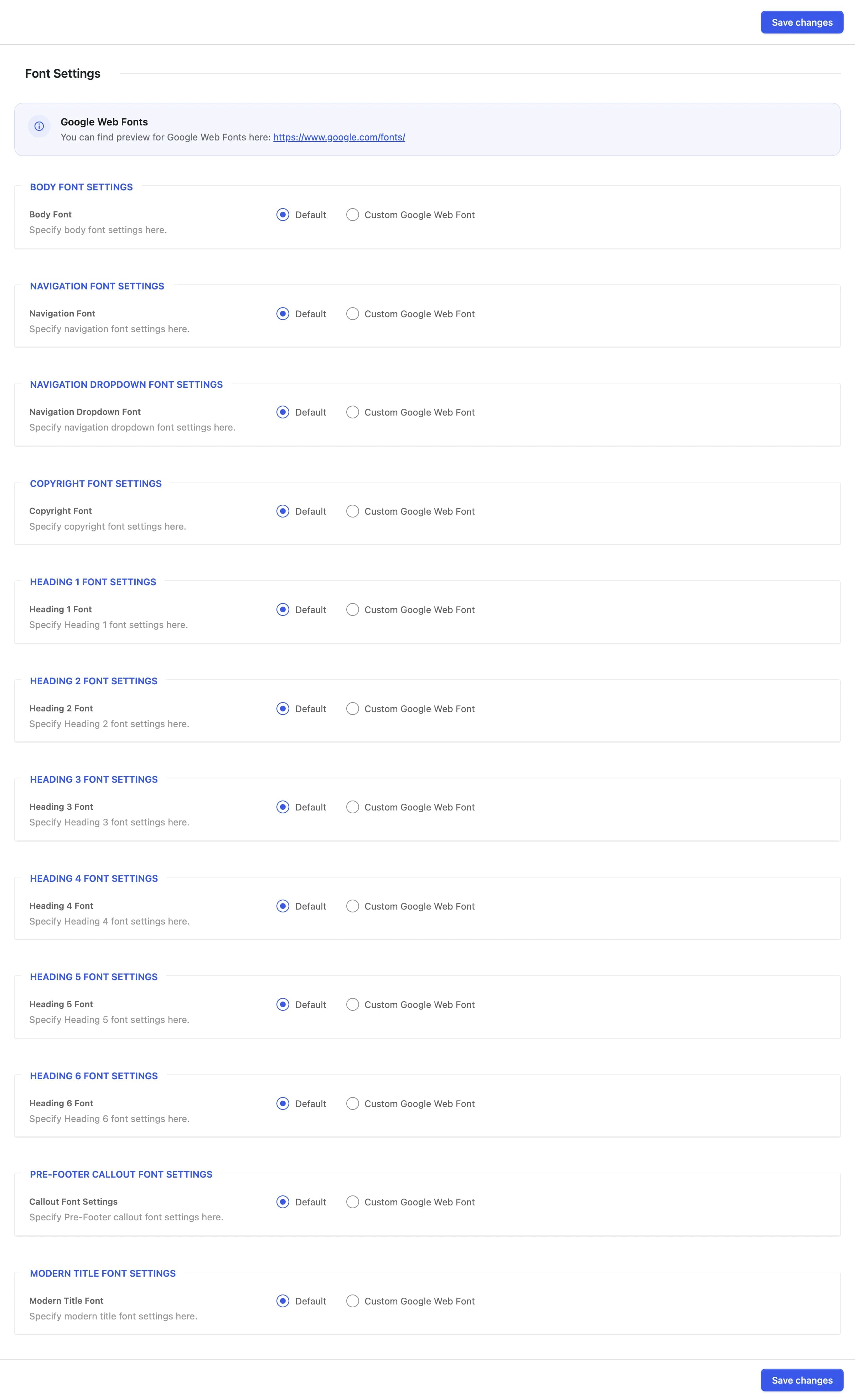 The Font Settings tab, listing all twelve font groups collapsed to their Font choice